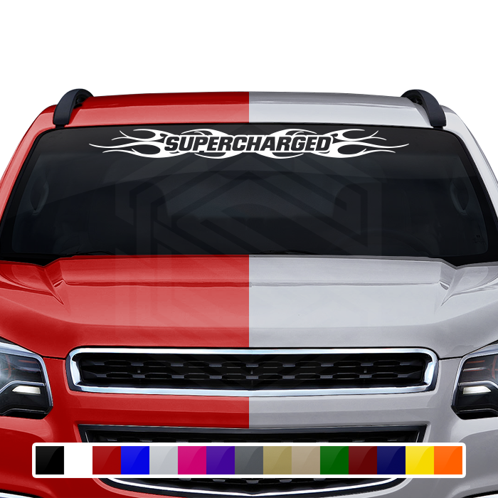 #108 SUPERCHARGED Decal Sticker Windshield Window Vinyl Graphic Banner Decoration Tribal Flame Design 36"x4.25"+