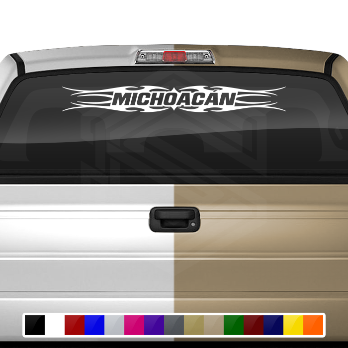 #113 MICHOACÁN MICH Mexico Decal Sticker Windshield Window Vinyl Graphic Banner Decoration Tribal Flame Design 36"x4.25"+