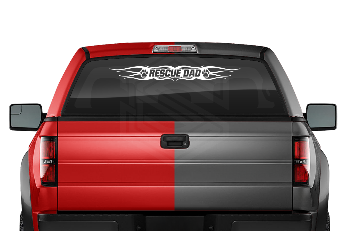 #121 RESCUE DAD Dog Paw Print Decal Sticker Windshield Window Vinyl Graphic Banner Decoration Flame Accent Design 36"x4.25"+