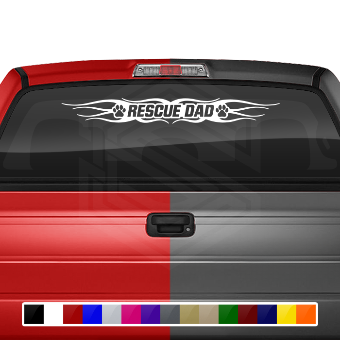 #121 RESCUE DAD Dog Paw Print Decal Sticker Windshield Window Vinyl Graphic Banner Decoration Flame Accent Design 36"x4.25"+