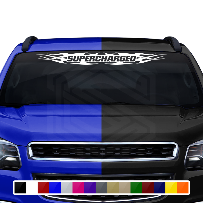 #148 SUPERCHARGED Decal Sticker Windshield Window Vinyl Graphic Banner Decoration Tribal Flame Design 36"x4.25"+