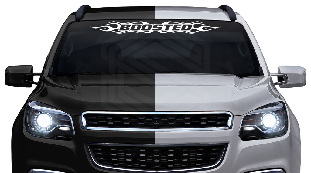 #100 BOOSTED Decal Sticker Windshield Window Vinyl Graphic Banner Decoration Flame Flaming Design 36"x4.25"+