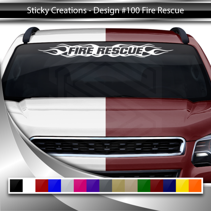 #100 FIRE RESCUE Decal Sticker Windshield Window Vinyl Graphic Banner Decoration Flame Flaming Design 36"x4.25"+