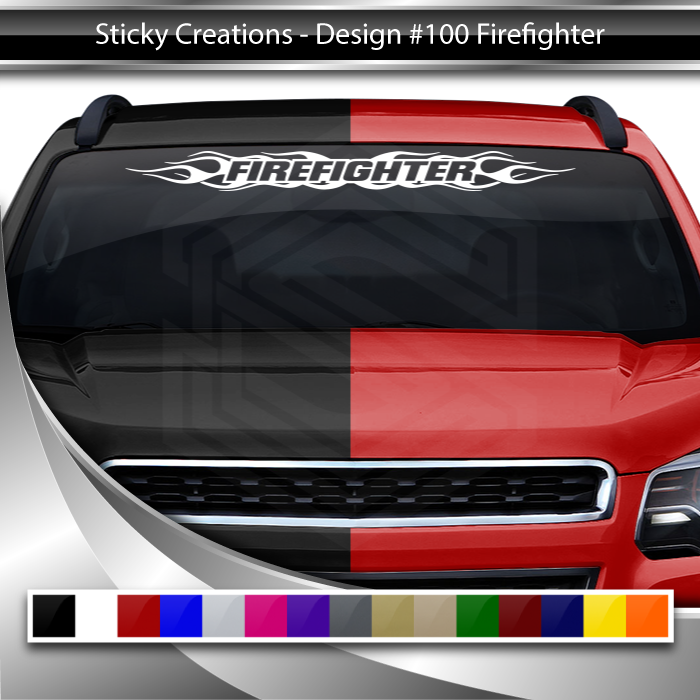 #100 FIREFIGHTER Decal Sticker Windshield Window Vinyl Graphic Banner Decoration Flame Flaming Design 36"x4.25"+