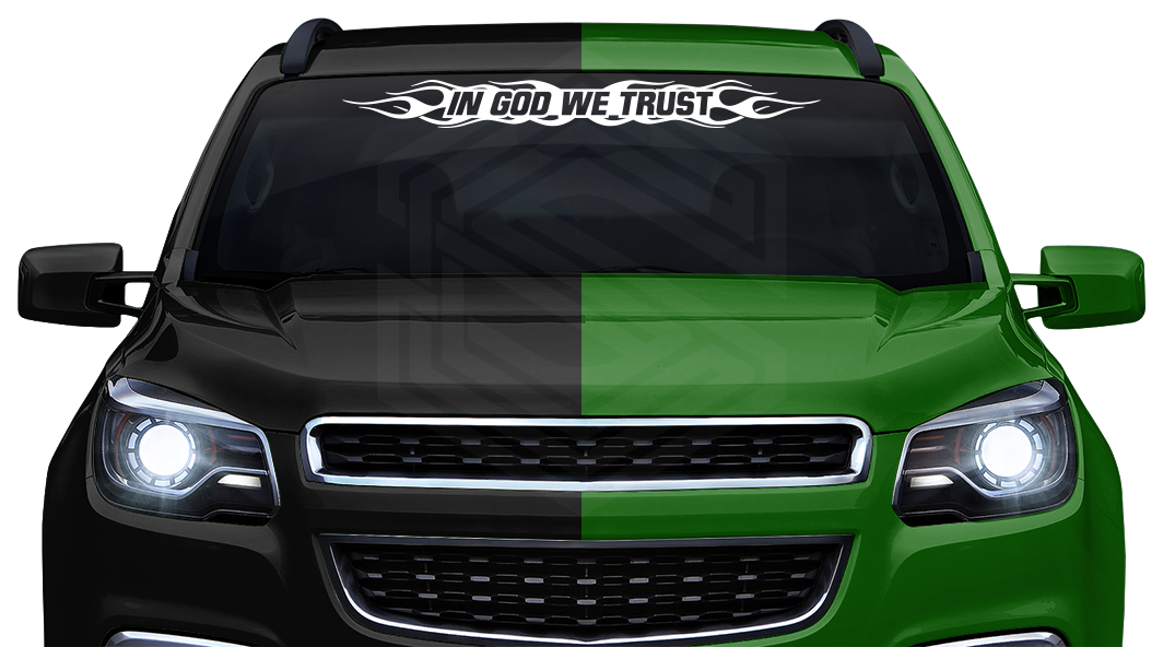 #100 IN GOD WE TRUST Decal Sticker Windshield Window Vinyl Graphic Banner Decoration Flame Design 36"x4.25"+