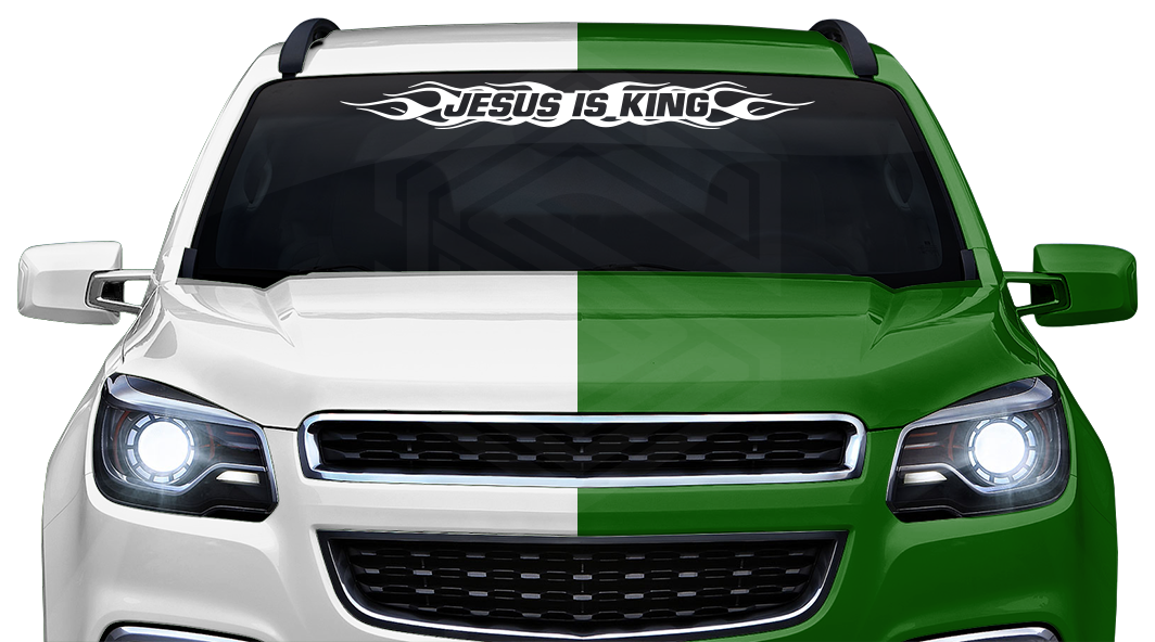 #100 JESUS IS KING Decal Sticker Windshield Window Vinyl Graphic Banner Decoration Flame Flaming Design 36"x4.25"+