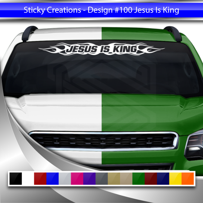#100 JESUS IS KING Decal Sticker Windshield Window Vinyl Graphic Banner Decoration Flame Flaming Design 36"x4.25"+