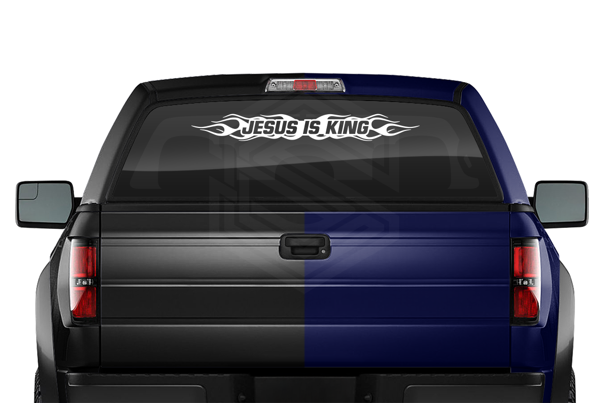 #100 JESUS IS KING Decal Sticker Windshield Window Vinyl Graphic Banner Decoration Flame Flaming Design 36"x4.25"+