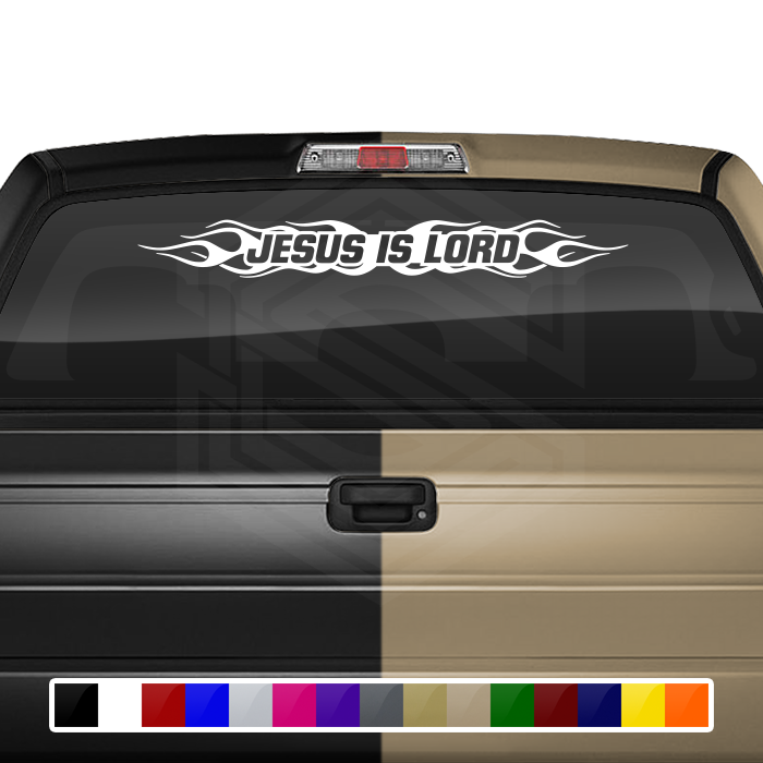 Calcomanía de vinilo para parabrisas y ventana con el lema "JESÚS ES EL SEÑOR", n.° 100, diseño tribal de llamas, 36" x 4,25" o más