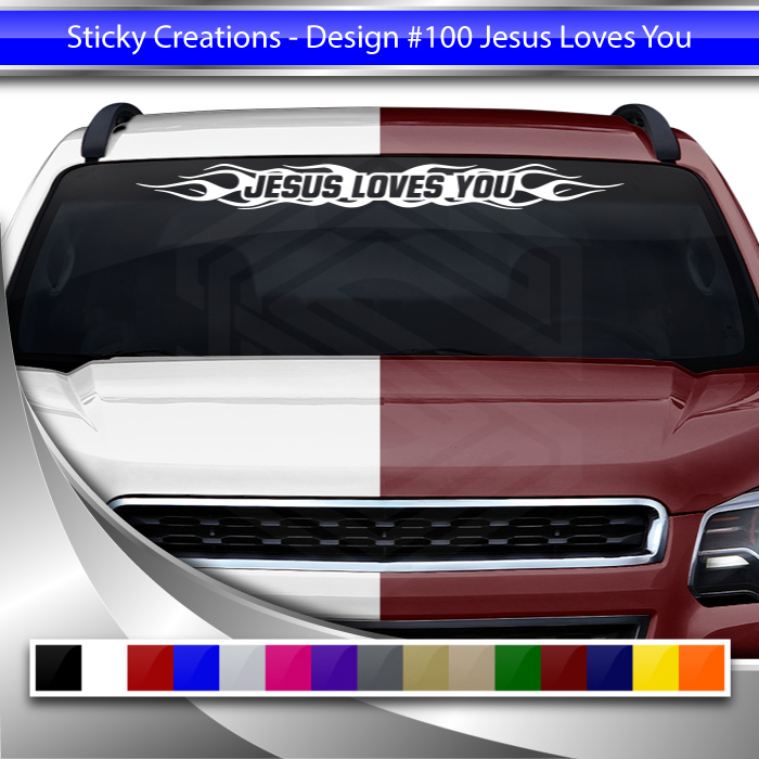 #100 JESUS LOVES YOU Decal Sticker Windshield Window Vinyl Graphic Banner Decoration Flame Design 36"x4.25"+