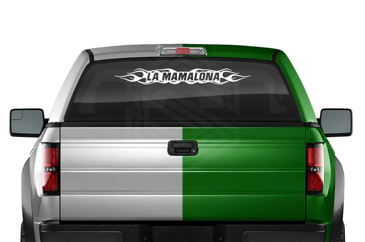 #100 LA MAMALONA Decal Sticker Windshield Window Vinyl Graphic Banner Decoration Flame Flaming Design 36"x4.25"+
