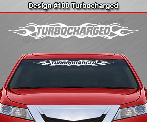 #100 TURBOCHARGED Decal Sticker Windshield Window Vinyl Graphic Banner Decoration Flame Flaming Design 36"x4.25"+