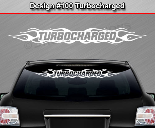 #100 TURBOCHARGED Decal Sticker Windshield Window Vinyl Graphic Banner Decoration Flame Flaming Design 36"x4.25"+