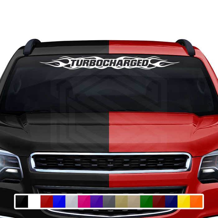 #100 TURBOCHARGED Decal Sticker Windshield Window Vinyl Graphic Banner Decoration Flame Flaming Design 36"x4.25"+