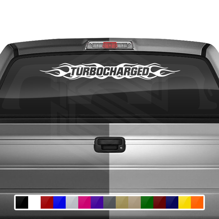 #100 TURBOCHARGED Decal Sticker Windshield Window Vinyl Graphic Banner Decoration Flame Flaming Design 36"x4.25"+