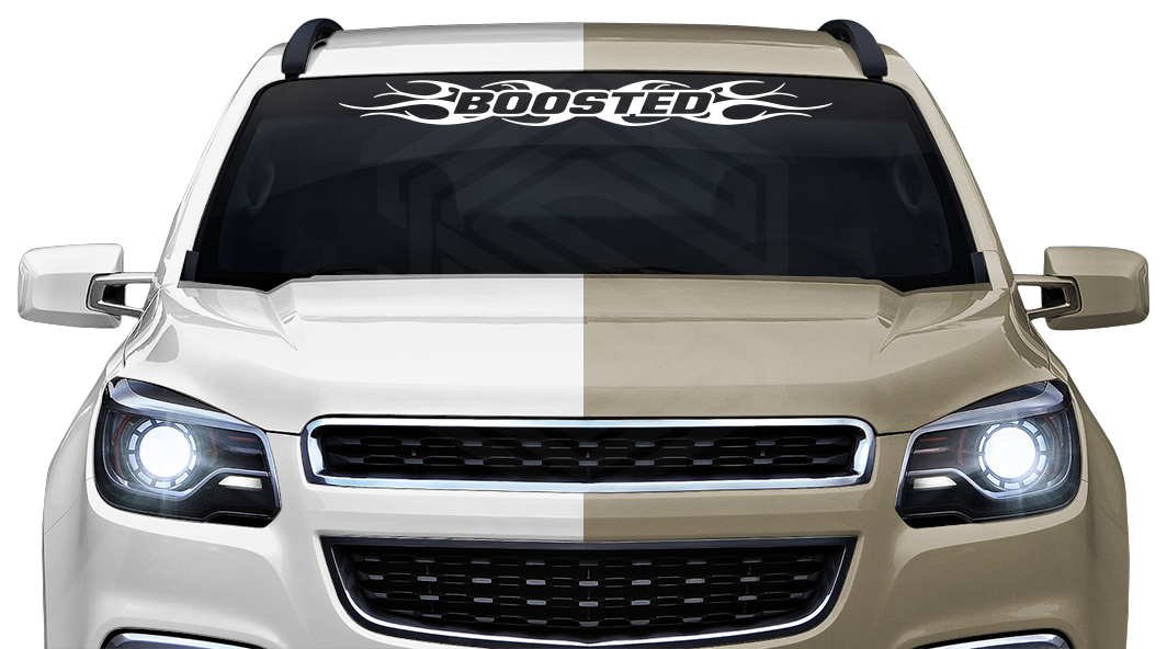 #108 BOOSTED Decal Sticker Windshield Window Vinyl Graphic Banner Decoration Tribal Flame Design 36"x4.25"+