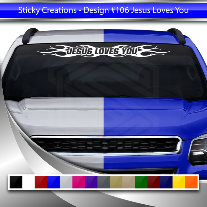 #108 JESUS LOVES YOU Decal Sticker Windshield Window Vinyl Graphic Banner Decoration Tribal Flame Design 36"x4.25"+