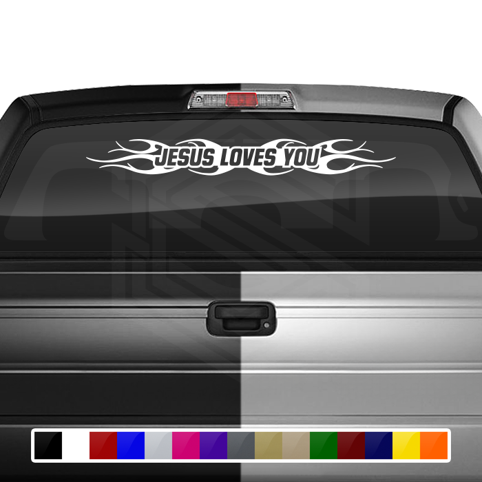 #108 JESUS LOVES YOU Decal Sticker Windshield Window Vinyl Graphic Banner Decoration Tribal Flame Design 36"x4.25"+