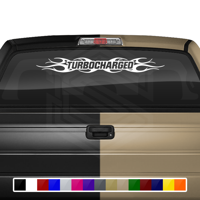Calcomanía TURBOCHARGED n.° 108 para parabrisas, ventana, vinilo, decoración, diseño tribal de llamas, 91 x 10,8 cm o más