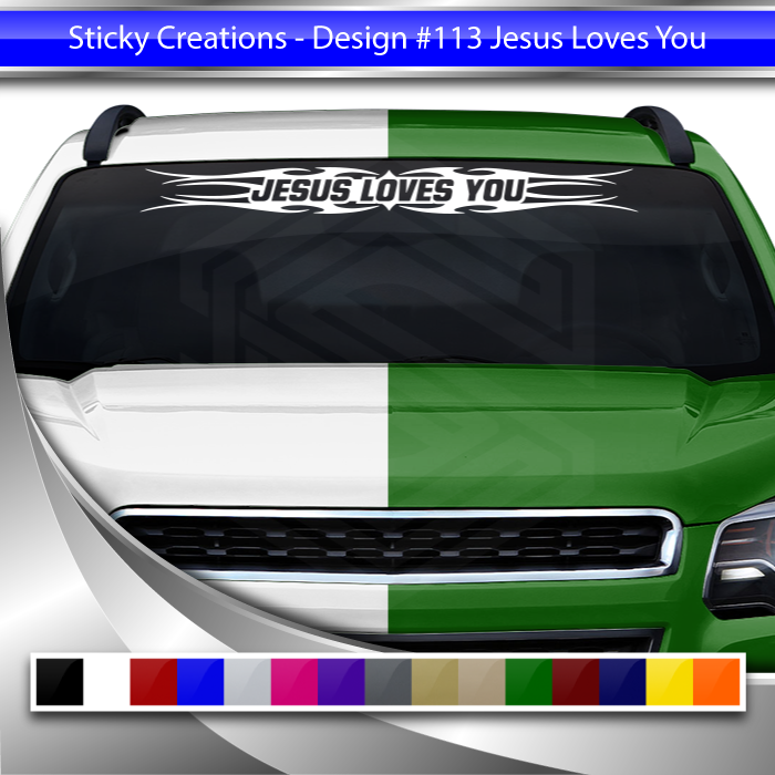 #113 JESUS LOVES YOU Decal Sticker Windshield Window Vinyl Graphic Banner Decoration Tribal Flame Design 36"x4.25"+