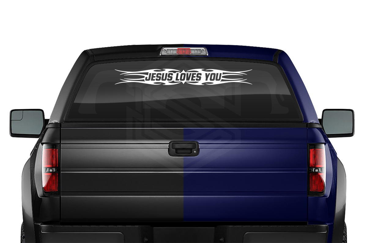 #113 JESUS LOVES YOU Decal Sticker Windshield Window Vinyl Graphic Banner Decoration Tribal Flame Design 36"x4.25"+