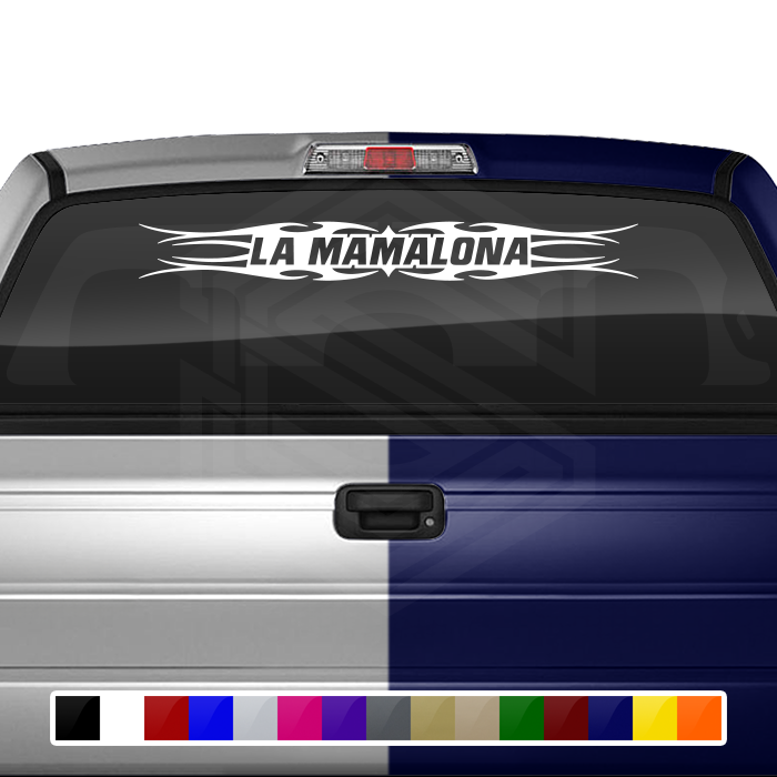 #113 LA MAMALONA Calcomanía para parabrisas, ventana, vinilo, decoración, diseño tribal de llamas, 36" x 4.25"+