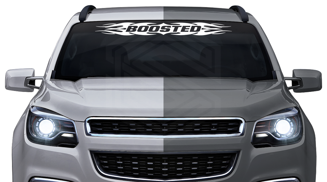 #114 BOOSTED Decal Sticker Windshield Window Vinyl Graphic Banner Decoration Tribal Flame Design 36"x4.25"+