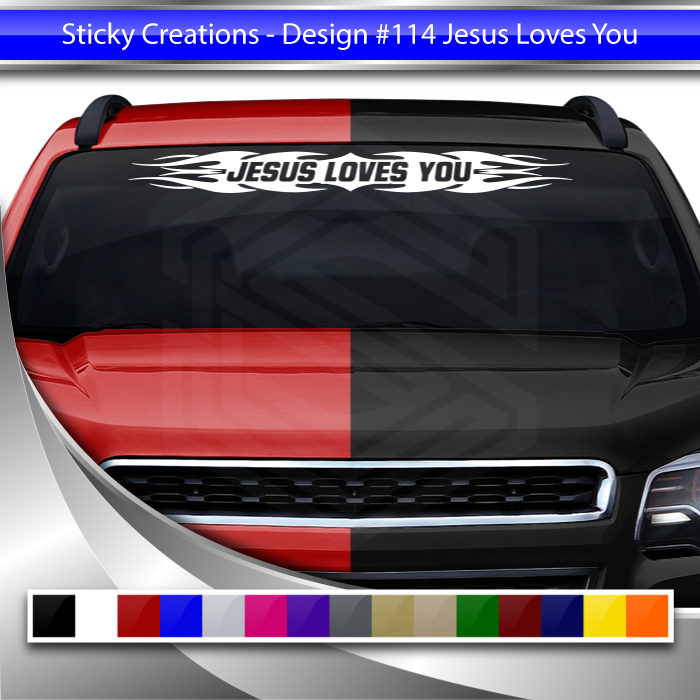 #114 JESUS LOVES YOU Decal Sticker Windshield Window Vinyl Graphic Banner Decoration Tribal Flame Design 36"x4.25"+