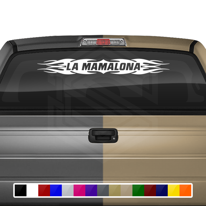 #114 LA MAMALONA Calcomanía para parabrisas, ventana, vinilo, pancarta gráfica, decoración, diseño tribal de llamas, 36" x 4.25"+