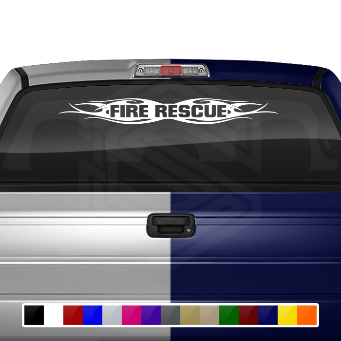 Calcomanía de vinilo n.° 115 "FIRE RESCUE", para parabrisas y ventana, con diseño de llama tribal, 36" x 4,25" o más