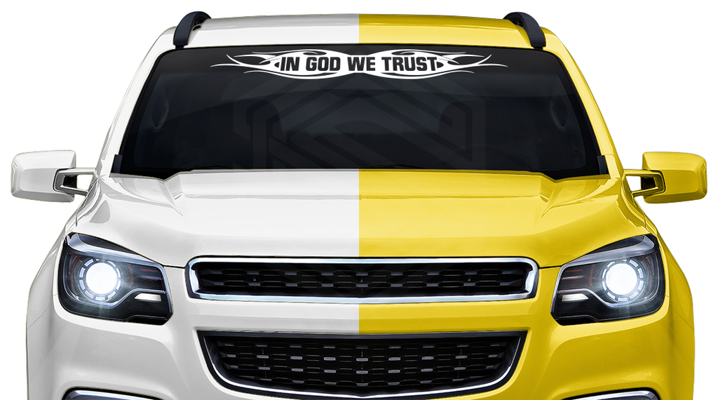 #115 IN GOD WE TRUST Decal Sticker Windshield Window Vinyl Graphic Banner Decoration Tribal Flame Design 36"x4.25"+