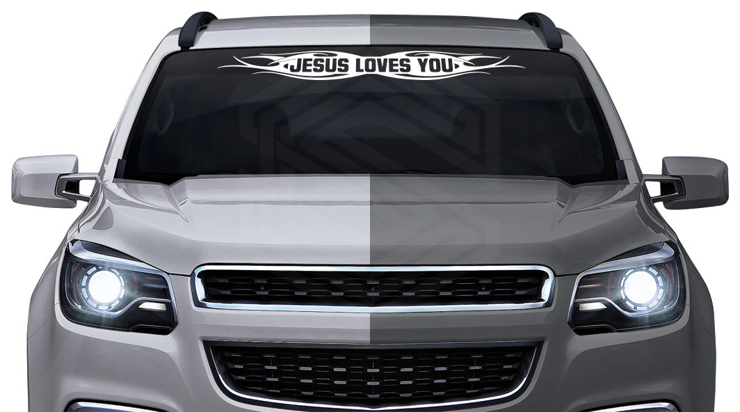#115 JESUS LOVES YOU Decal Sticker Windshield Window Vinyl Graphic Banner Decoration Tribal Flame Design 36"x4.25"+