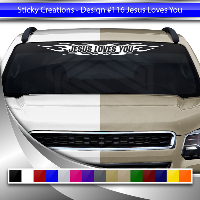 #116 JESUS LOVES YOU Decal Sticker Windshield Window Vinyl Graphic Banner Decoration Tribal Flame Design 36"x4.25"+