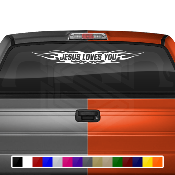 #116 JESUS LOVES YOU Decal Sticker Windshield Window Vinyl Graphic Banner Decoration Tribal Flame Design 36"x4.25"+