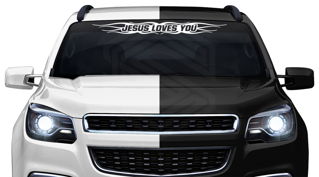 #121 JESUS LOVES YOU Decal Sticker Windshield Window Vinyl Graphic Banner Decoration Flame Accent Design 36"x4.25"+
