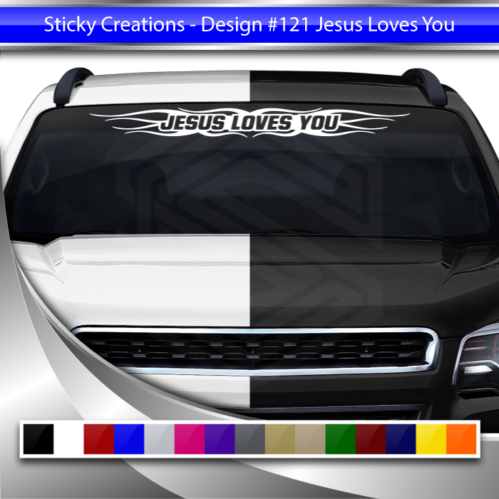 #121 JESUS LOVES YOU Decal Sticker Windshield Window Vinyl Graphic Banner Decoration Flame Accent Design 36"x4.25"+