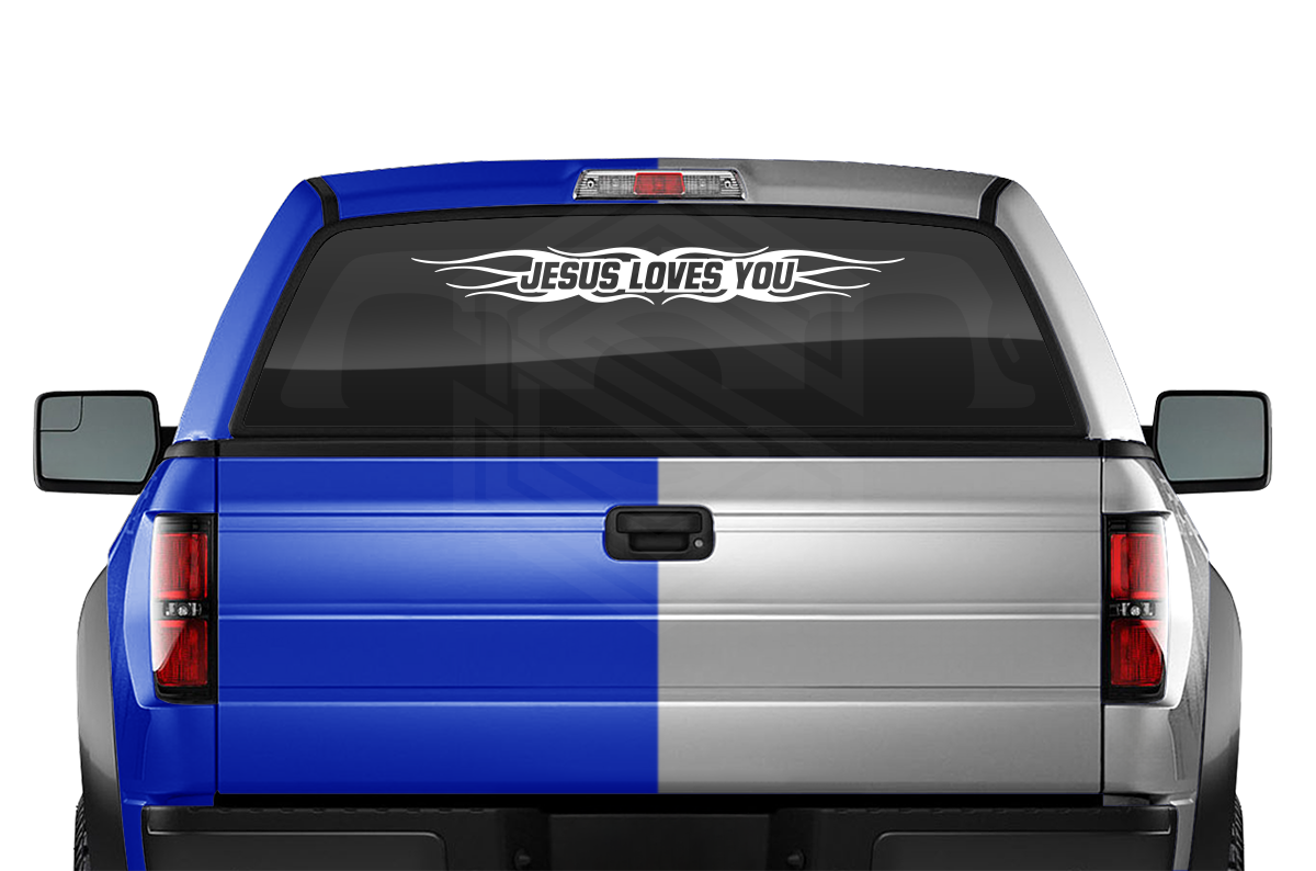 #121 JESUS LOVES YOU Decal Sticker Windshield Window Vinyl Graphic Banner Decoration Flame Accent Design 36"x4.25"+