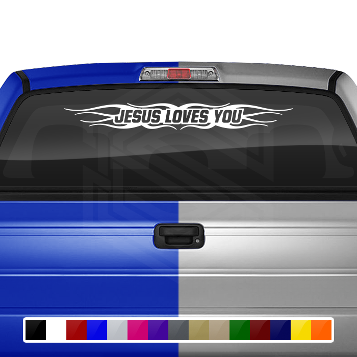 #121 JESUS LOVES YOU Decal Sticker Windshield Window Vinyl Graphic Banner Decoration Flame Accent Design 36"x4.25"+