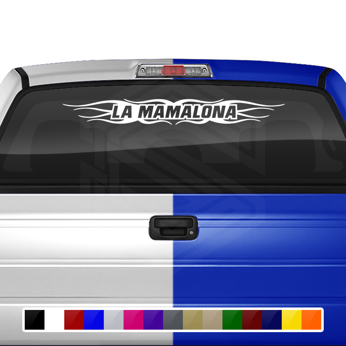 Calcomanía #121 LA MAMALONA para parabrisas, ventana, vinilo, decoración, diseño con acento de llama, 36" x 4.25"+