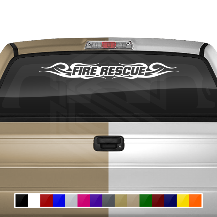 Calcomanía de vinilo n.° 122 "FIRE RESCUE" para parabrisas y ventana, diseño de remolino tribal, 36" x 4,25" o más
