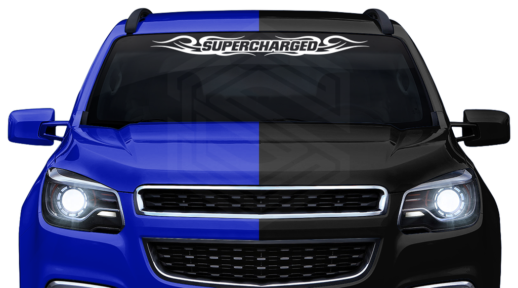 #122 SUPERCHARGED Decal Sticker Windshield Window Vinyl Graphic Banner Decoration Tribal Swirl Design 36"x4.25"+