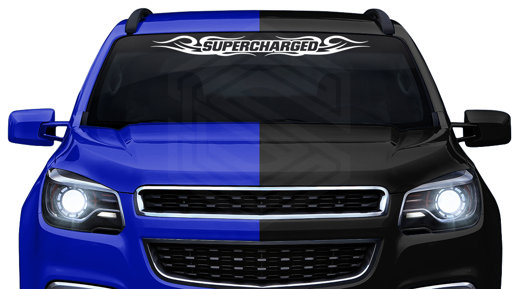 #122 SUPERCHARGED Decal Sticker Windshield Window Vinyl Graphic Banner Decoration Tribal Swirl Design 36"x4.25"+