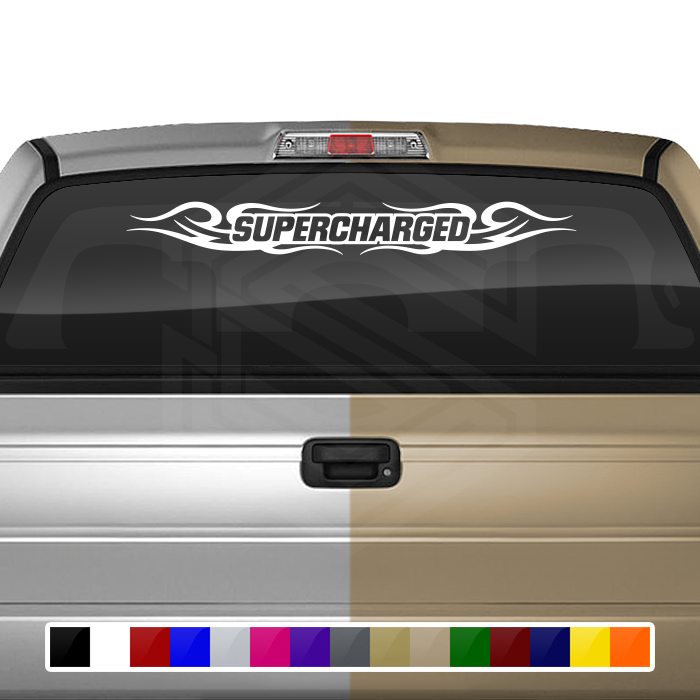 #122 SUPERCHARGED Decal Sticker Windshield Window Vinyl Graphic Banner Decoration Tribal Swirl Design 36"x4.25"+