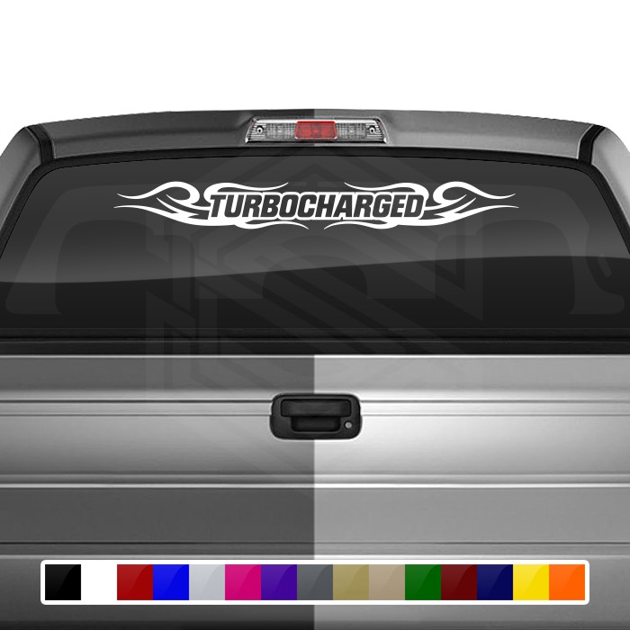 Calcomanía TURBOCHARGED n.° 122 para parabrisas, ventana, vinilo, decoración, diseño tribal de remolino, 91 x 10,8 cm o más