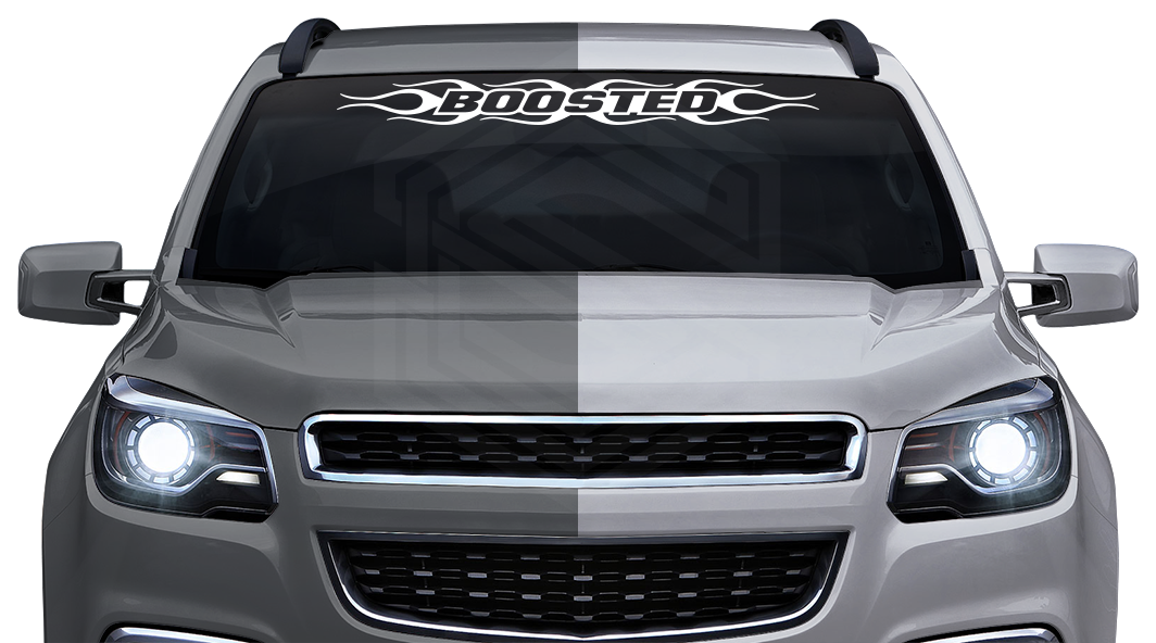 #124 BOOSTED Decal Sticker Windshield Window Vinyl Graphic Banner Decoration Flame Flaming Design 36"x4.25"+