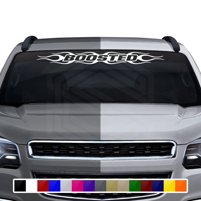 #124 BOOSTED Decal Sticker Windshield Window Vinyl Graphic Banner Decoration Flame Flaming Design 36"x4.25"+