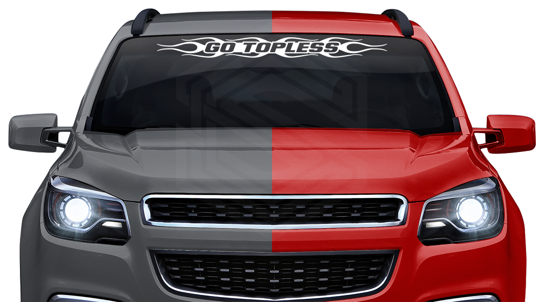 #124 GO TOPLESS Decal Sticker Windshield Window Vinyl Graphic Banner Decoration Flame Flaming Design 36"x4.25"+