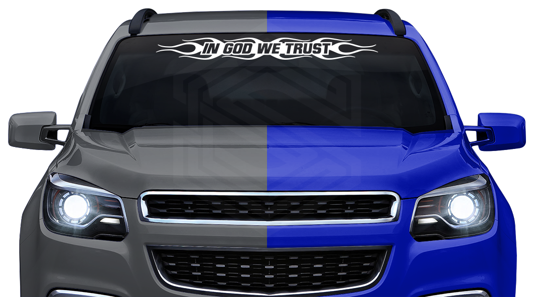 #124 IN GOD WE TRUST Decal Sticker Windshield Window Vinyl Graphic Banner Decoration Flame Flaming Design 36"x4.25"+
