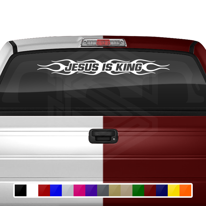 #124 JESUS IS KING Decal Sticker Windshield Window Vinyl Graphic Banner Decoration Flame Flaming Design 36"x4.25"+