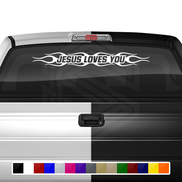 #124 JESUS LOVES YOU Decal Sticker Windshield Window Vinyl Graphic Banner Decoration Flame Design 36"x4.25"+